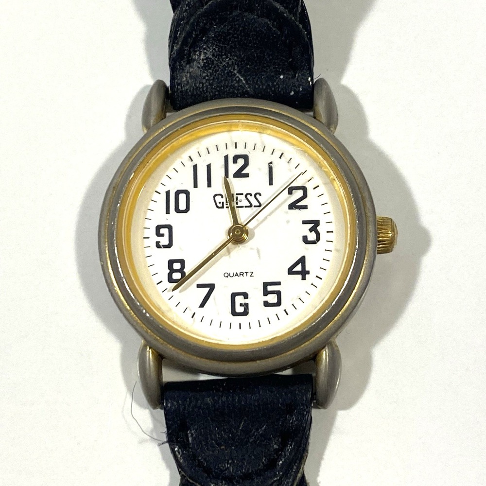 Vintage Guess Womens Watch 1989 Hong Kong Quartz Black Leather Band New Battery